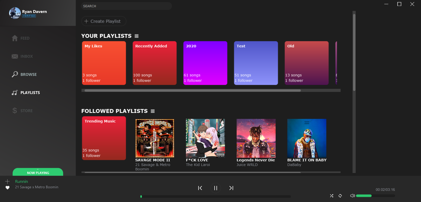 Playlist page displays your created playlists and followed playlists / albums.