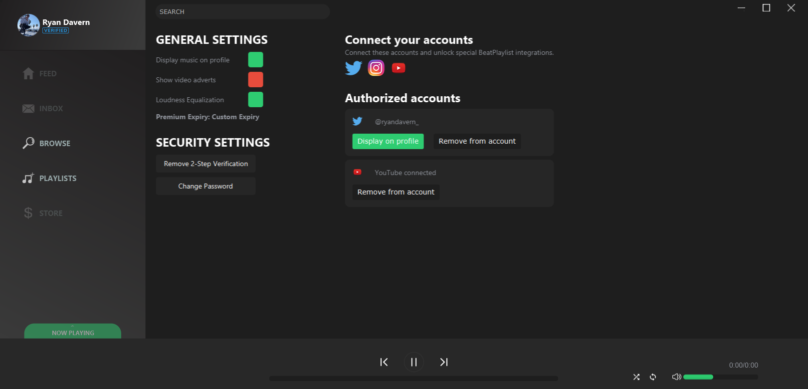 User Settings Page. Users can sign-in to their Google account to enable playlist syncing and age restricted YouTube content.